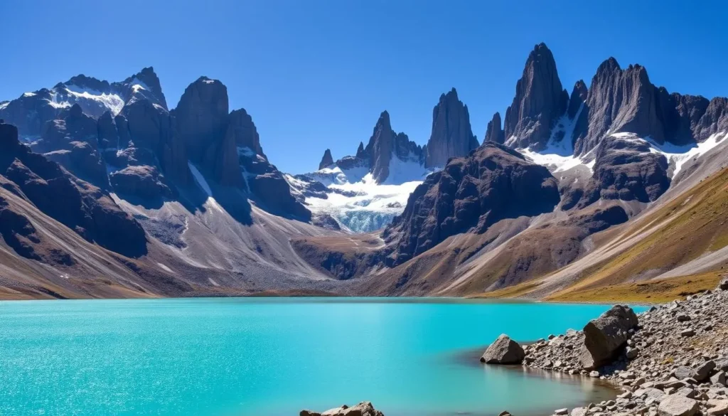 Jagged peaks and turquoise lagoon of Cerro Castillo National Park