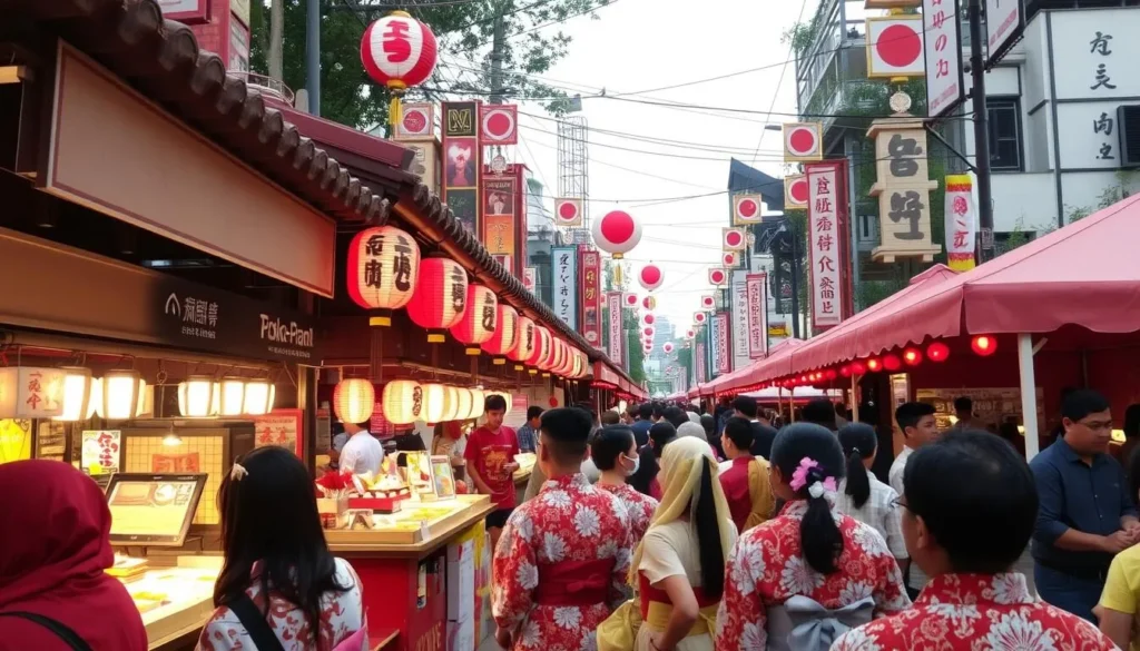 Jak-Japan Matsuri festival with traditional Japanese decorations, food stalls, and cultural performances in Jakarta