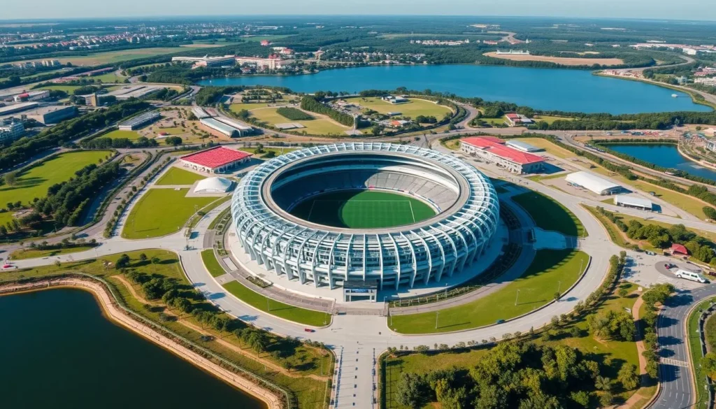 Jakabaring Sport City complex in Palembang with stadium and lake