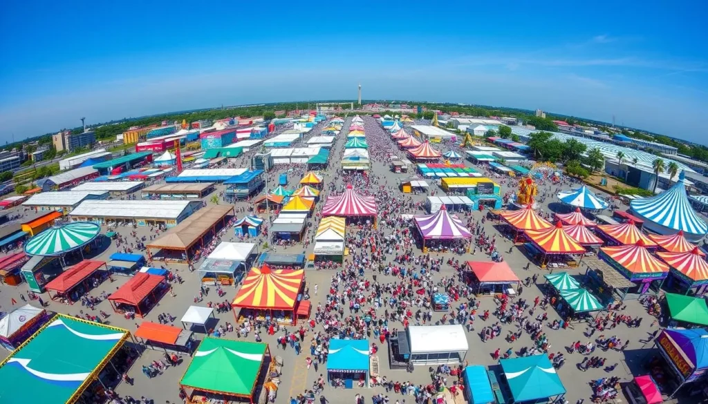Jakarta Fair grounds with colorful pavilions, amusement rides, and crowds of visitors enjoying the festivities