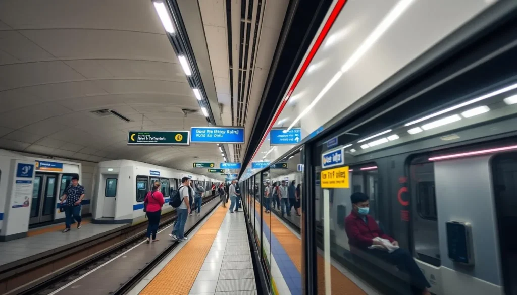 Jakarta MRT station with modern trains and passengers boarding