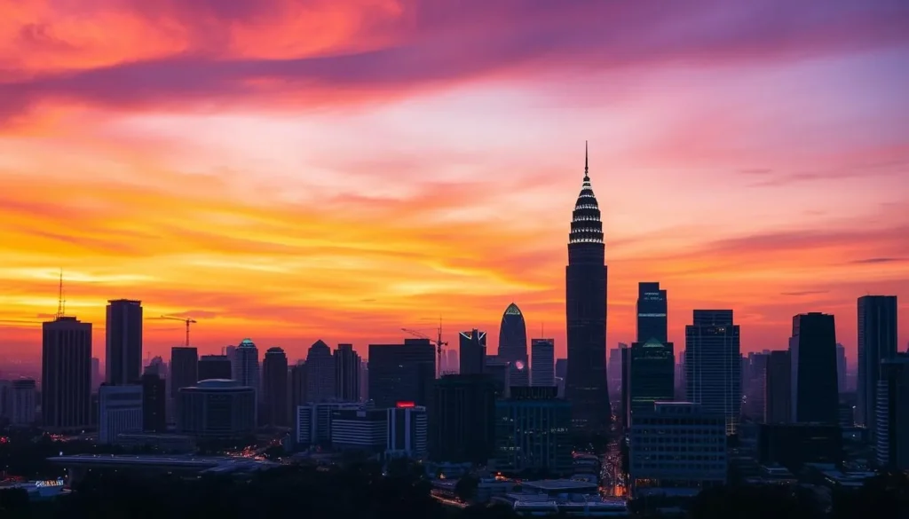 Jakarta skyline at sunset with colorful sky