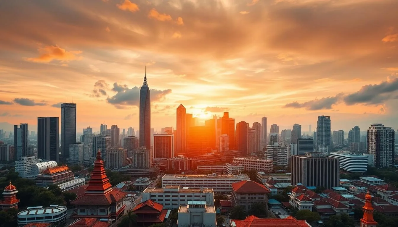 Jakarta skyline at sunset with modern buildings and traditional architecture, showcasing the city's blend of old and new cultural elements