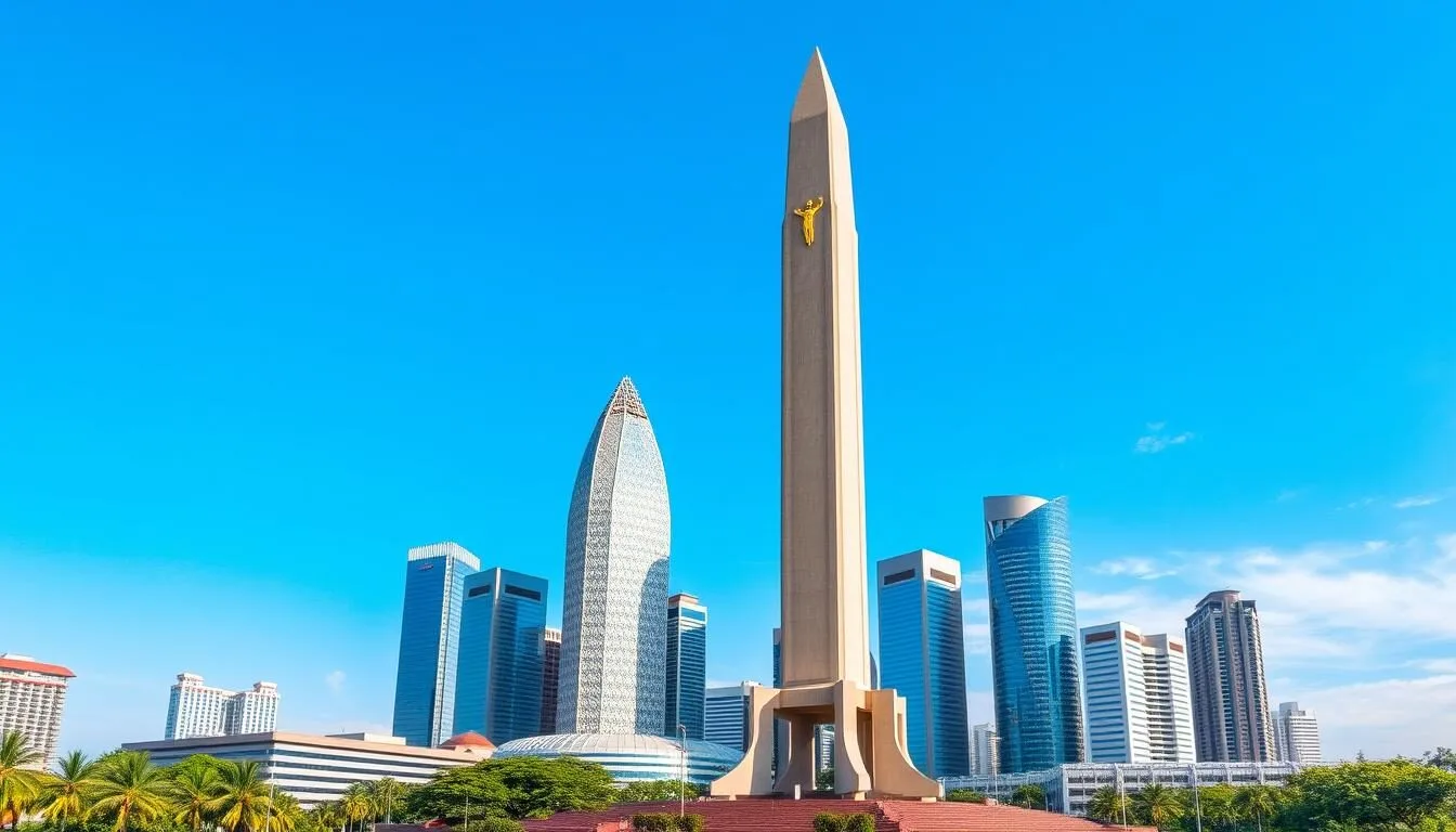 Jakarta skyline with National Monument (Monas) in the foreground and modern skyscrapers in the background on a clear sunny day