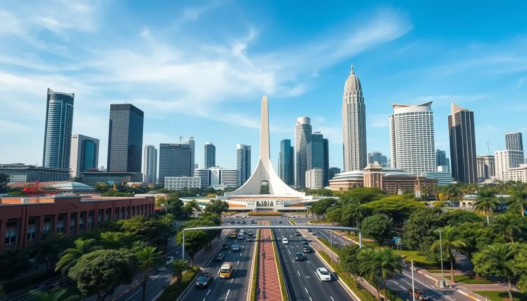 Jakarta skyline with modern skyscrapers, National Monument, and busy streets