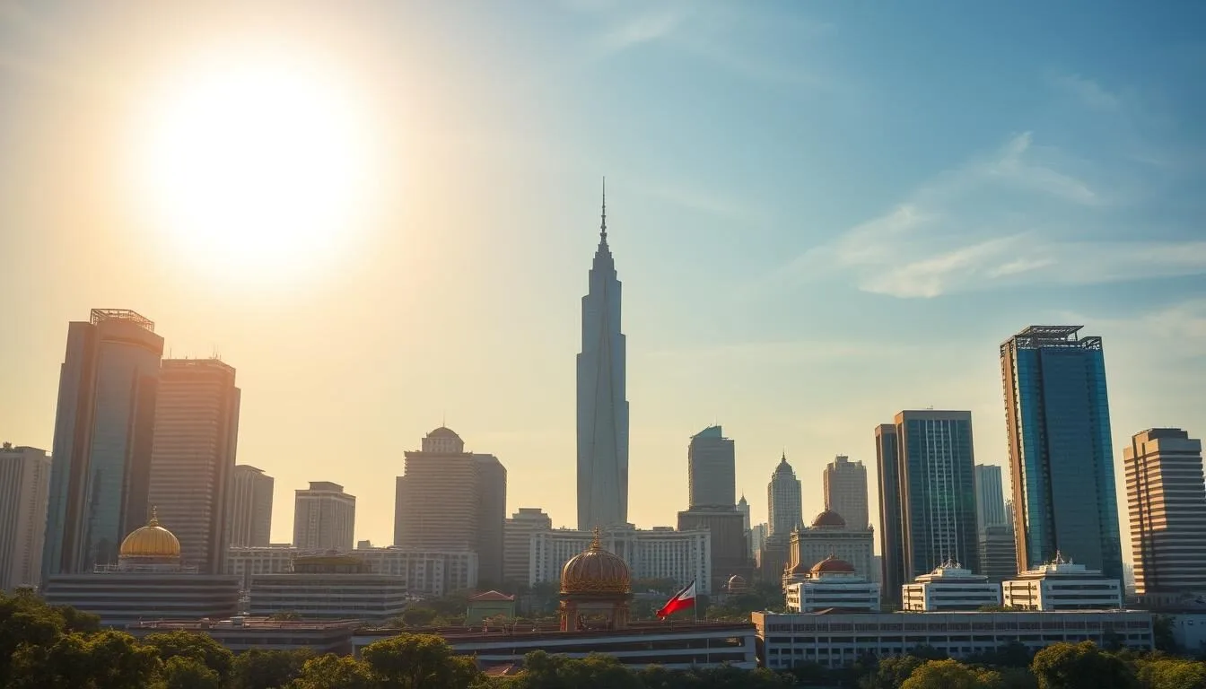 Jakarta skyline with modern skyscrapers and traditional buildings
