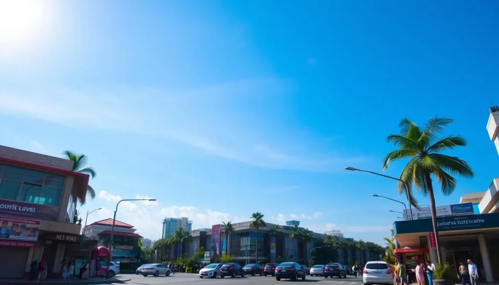 Jakarta street scene during a sunny day in the dry season with clear blue skies and palm trees