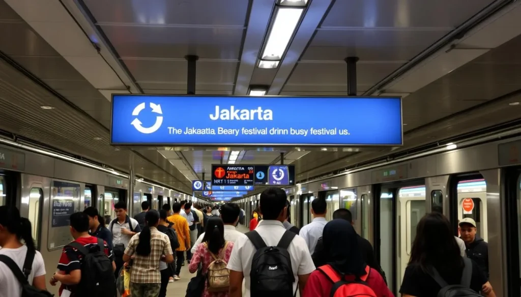 Jakarta's modern MRT train system with passengers boarding during festival season