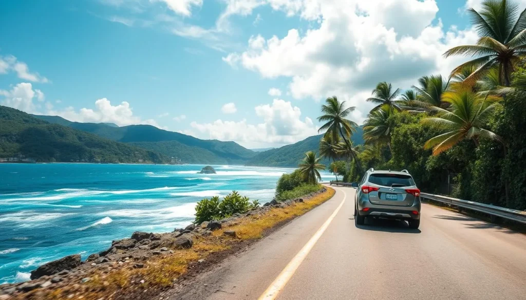Jamaican coastal road with rental car driving along the scenic route with ocean views