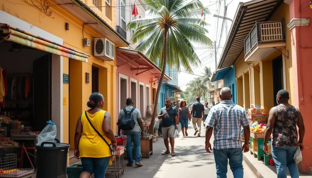 Jamaican street scene with locals and colorful buildings in a safe tourist area