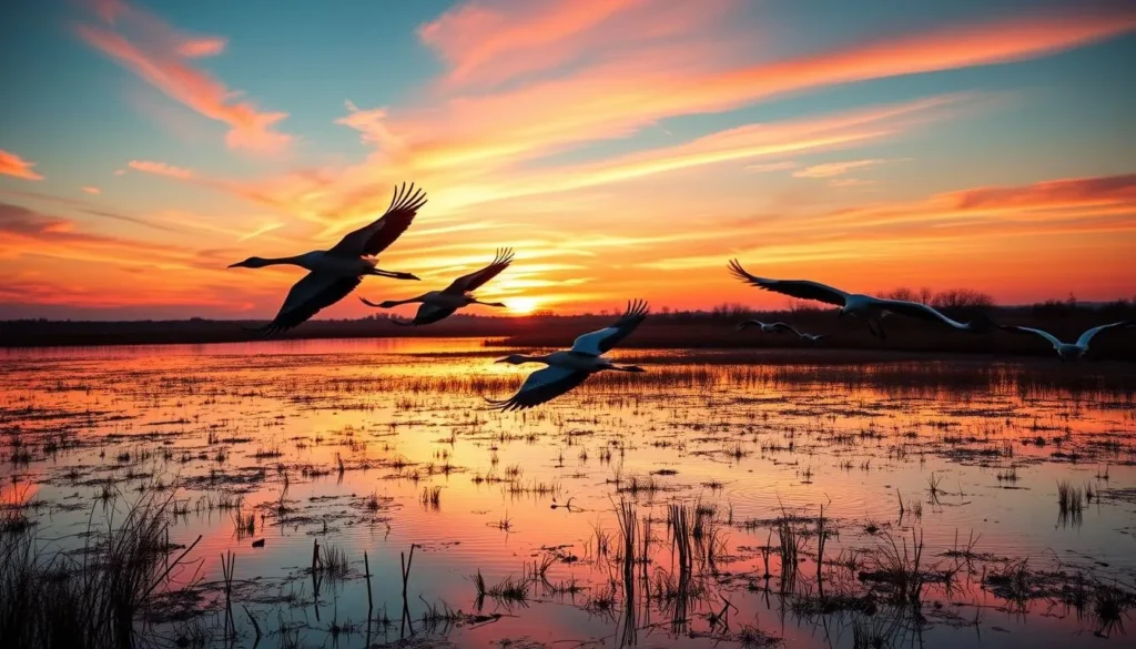 Japanese cranes in flight over Lake Khanka wetlands at sunset
