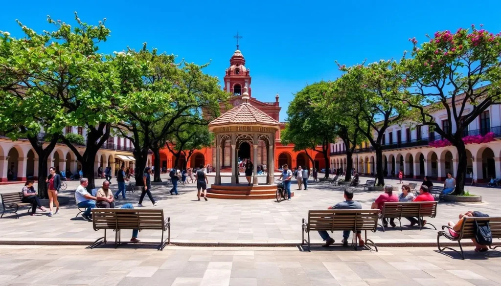 Jardin Hidalgo plaza in Tlaquepaque Mexico during perfect weather with blue skies and visitors enjoying the atmosphere