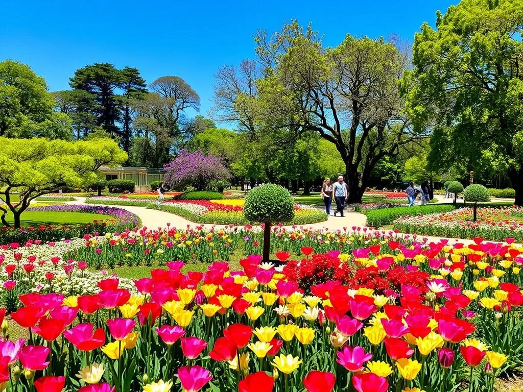 Jardin des Plantes in Montpellier during spring with blooming flowers and visitors