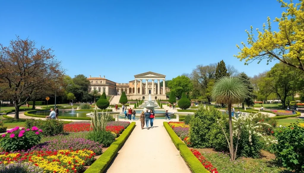 Jardins de la Fontaine in Nimes during spring with blooming flowers and visitors