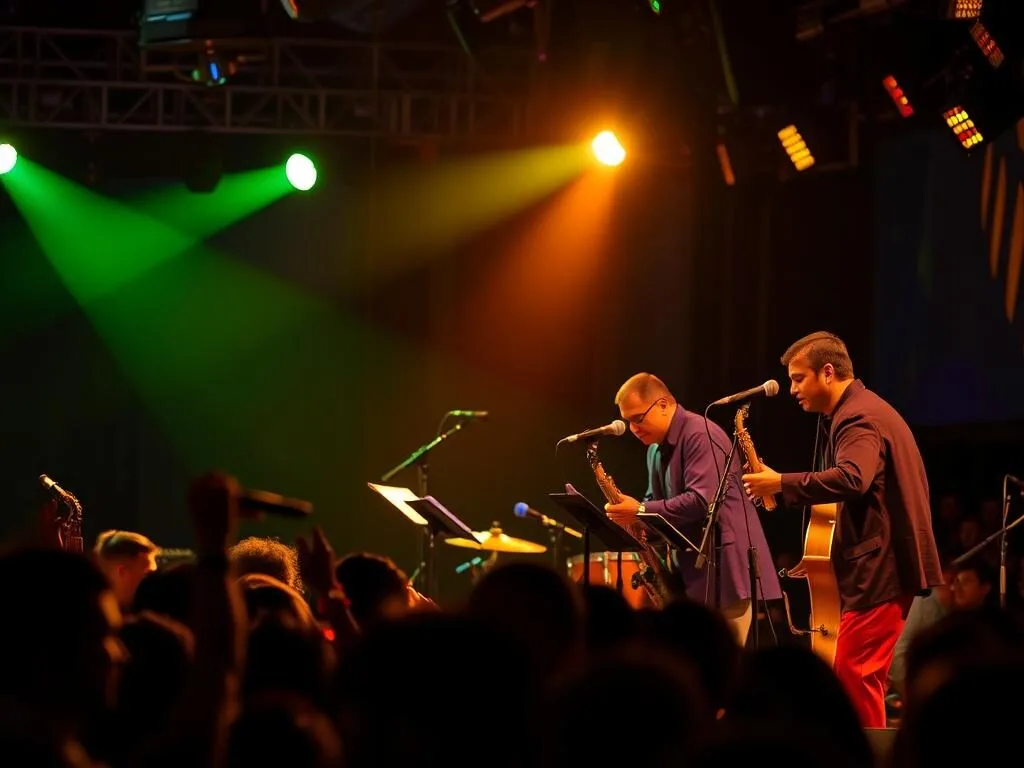 Jazz musicians performing on stage at the Jakarta International Java Jazz Festival with professional lighting and enthusiastic crowd