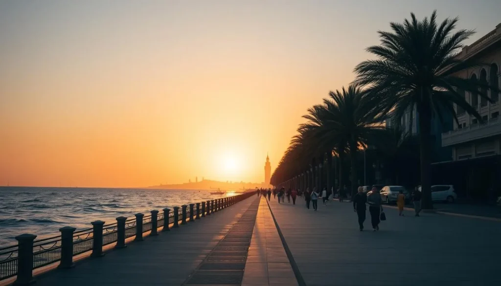 Jeddah Corniche at sunset with people walking along the promenade