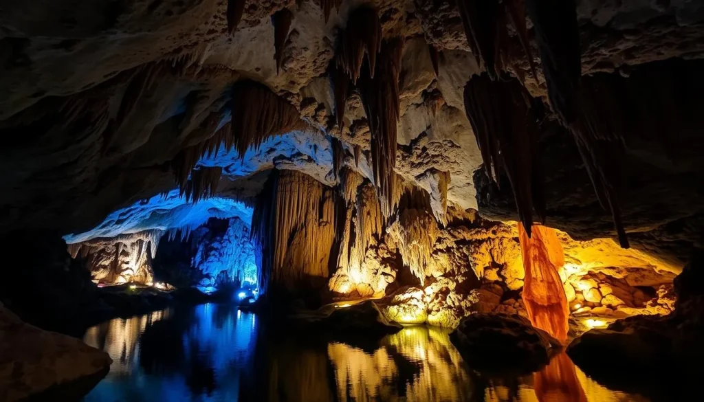 Jeita Grotto's stunning interior cave formations with colorful lighting