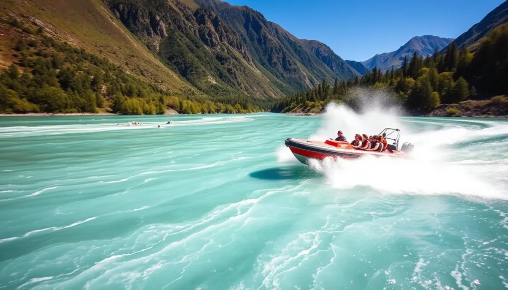 Jet boat speeding through the turquoise waters of Dart River surrounded by mountains