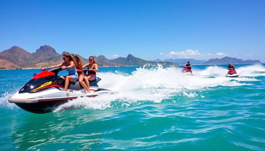 Jet ski adventure along the coast of St. Martin with riders enjoying high-speed thrills