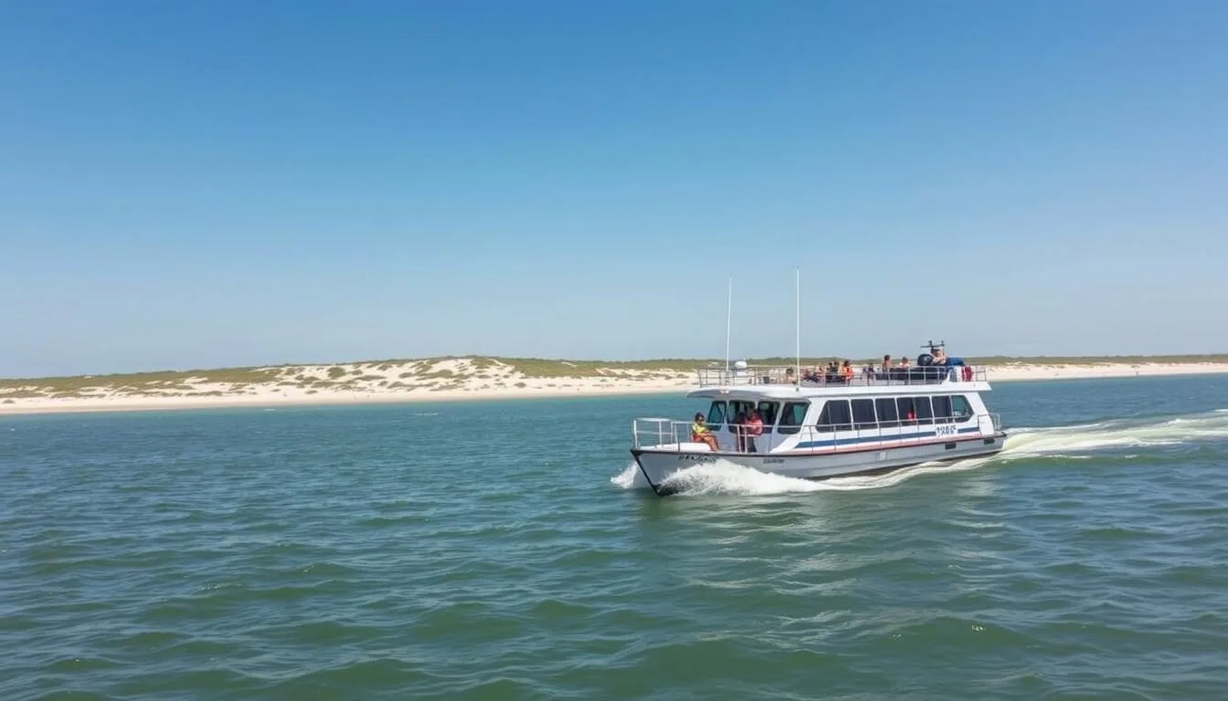 Jetty Boat approaching San Jose Island, Texas with passengers ready to disembark on the pristine beach
