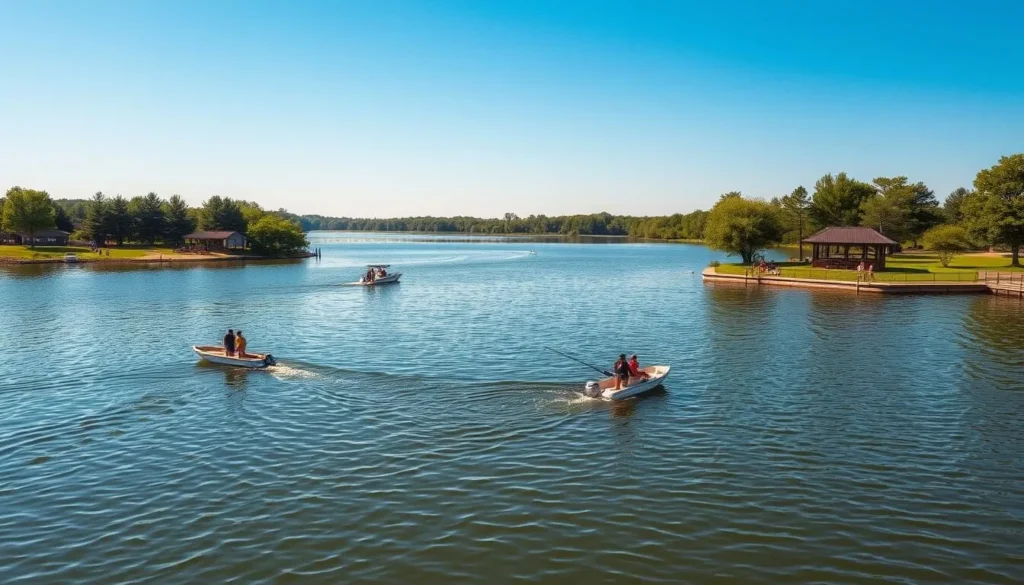 Joe Pool Lake in Grand Prairie with boats and recreational activities
