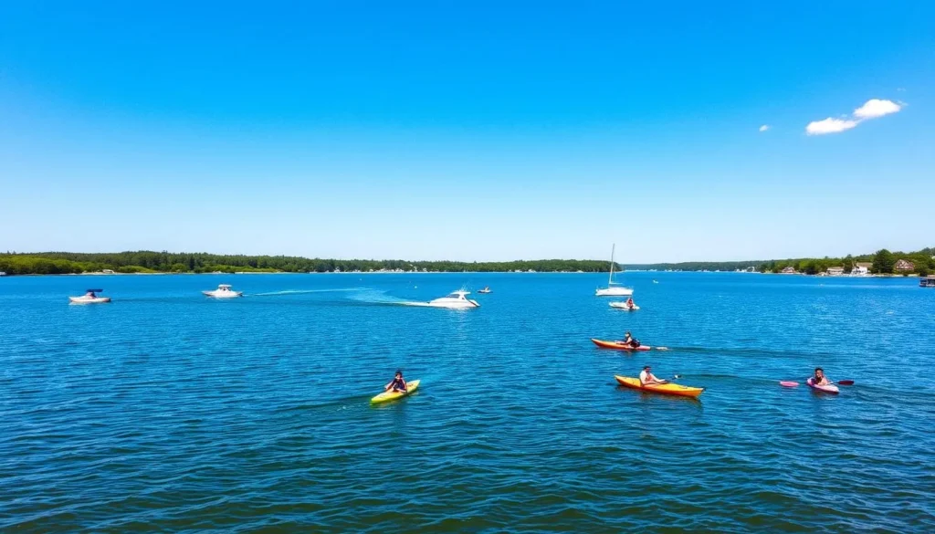 Johnson's Pond in Coventry, Rhode Island with boats and recreational activities