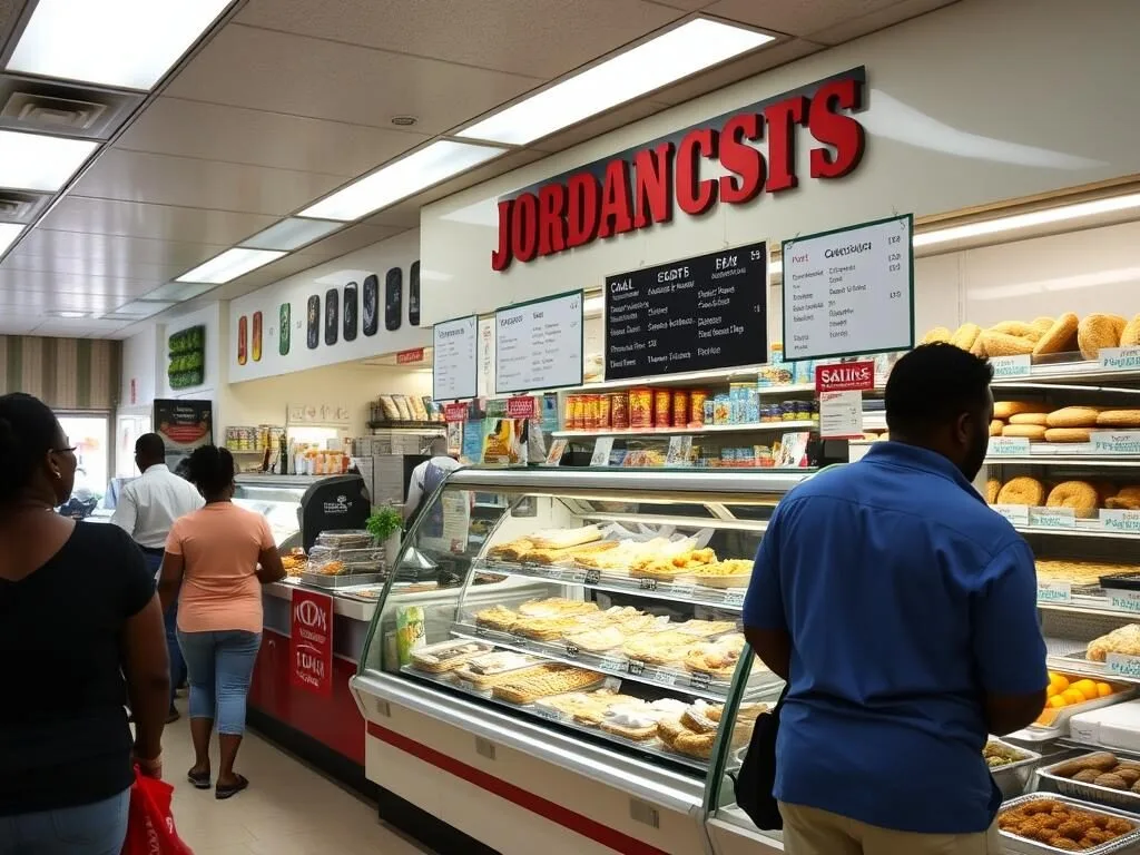 Jordan's Supermarket Deli counter with local food options in Fitts Village Barbados