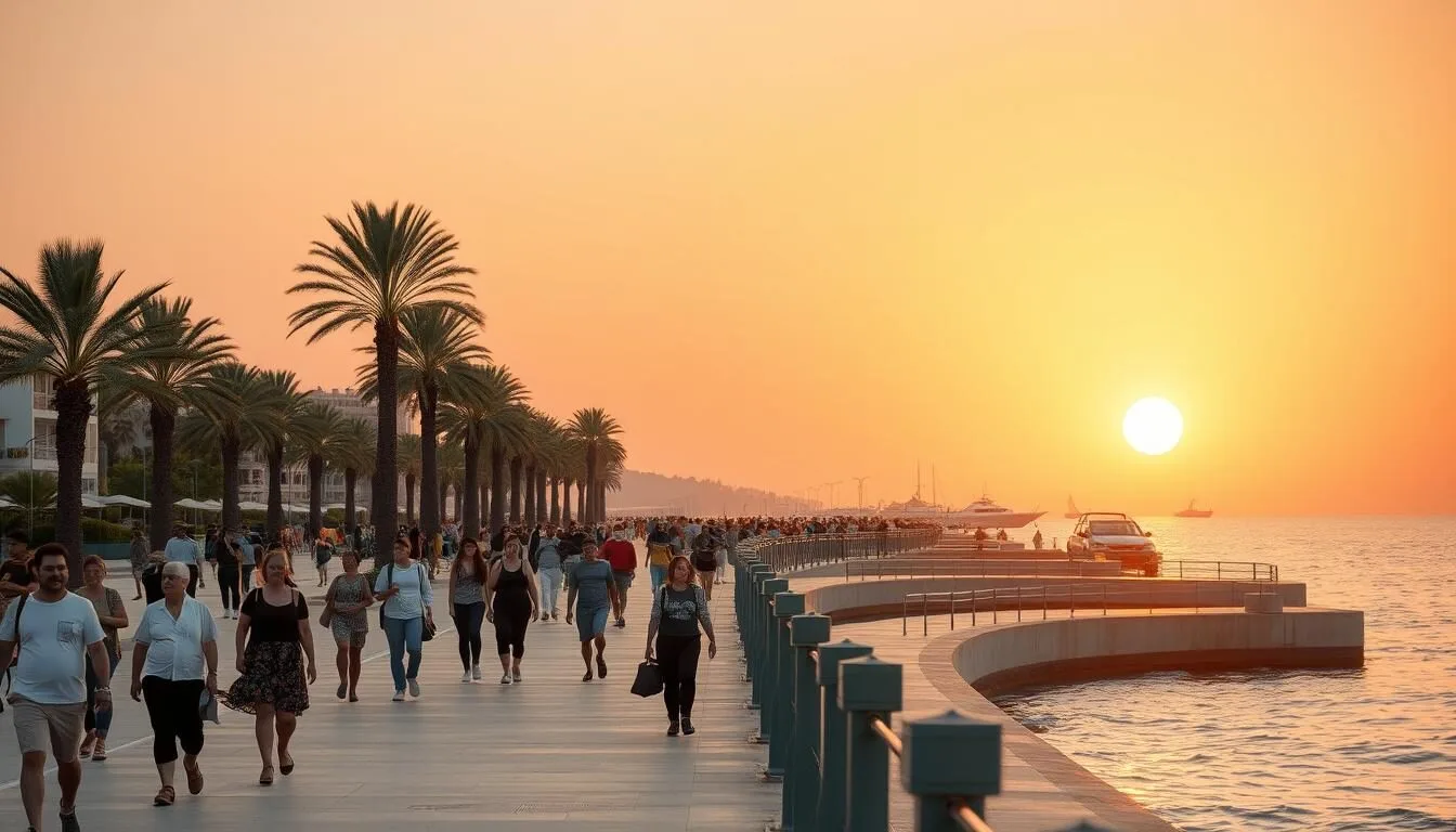 Jouniehs-waterfront-promenade-during-golden-hour-with-people-enjoying-the-sunset-over-the Jounieh's waterfront promenade during golden hour with people enjoying the sunset over the Mediterranean Sea