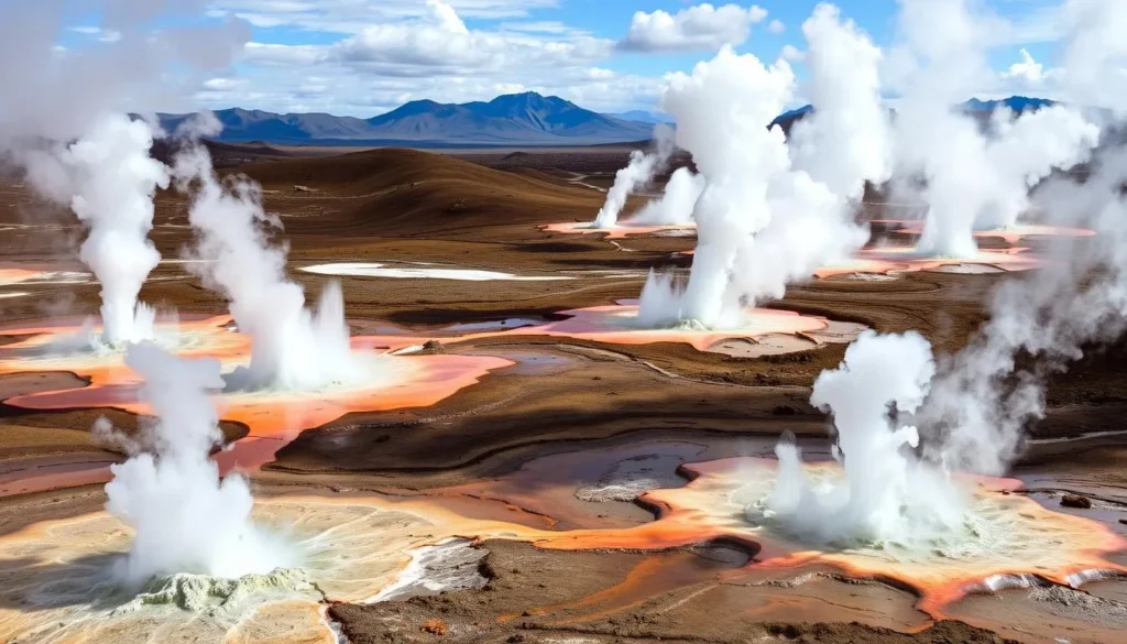 Juchusuma geysers with steam erupting in Sajama National Park