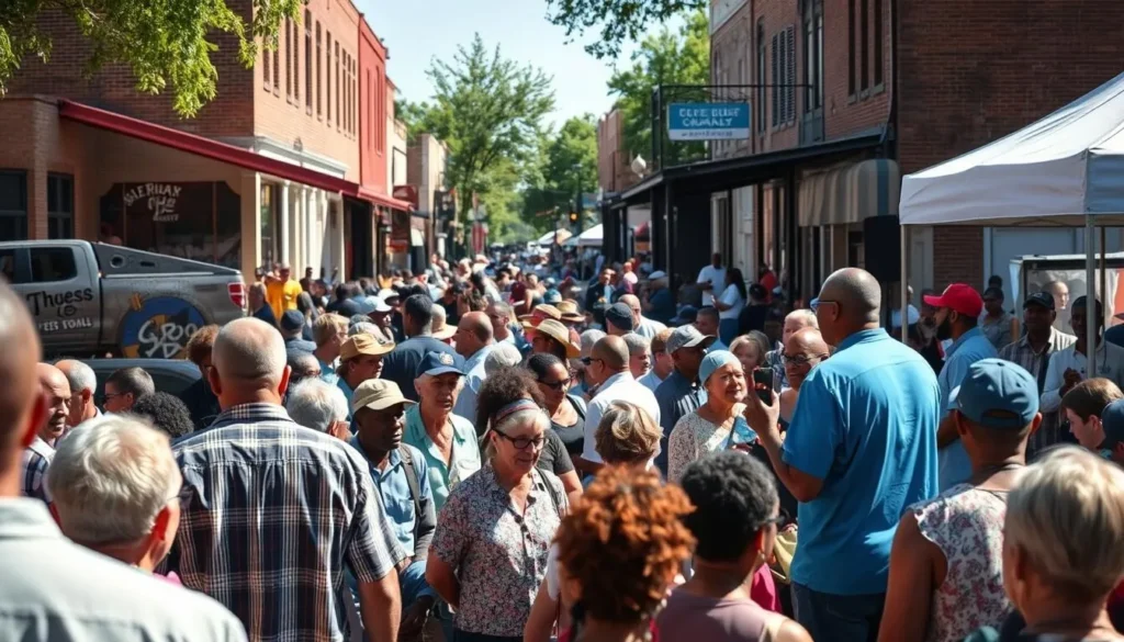 Juke Joint Festival crowd enjoying outdoor blues performances in downtown Clarksdale Mississippi