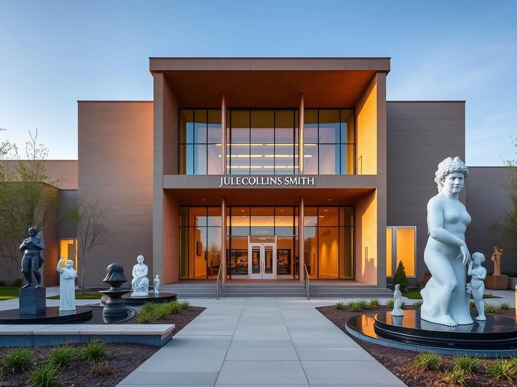 Jule Collins Smith Museum of Fine Art exterior with sculpture garden