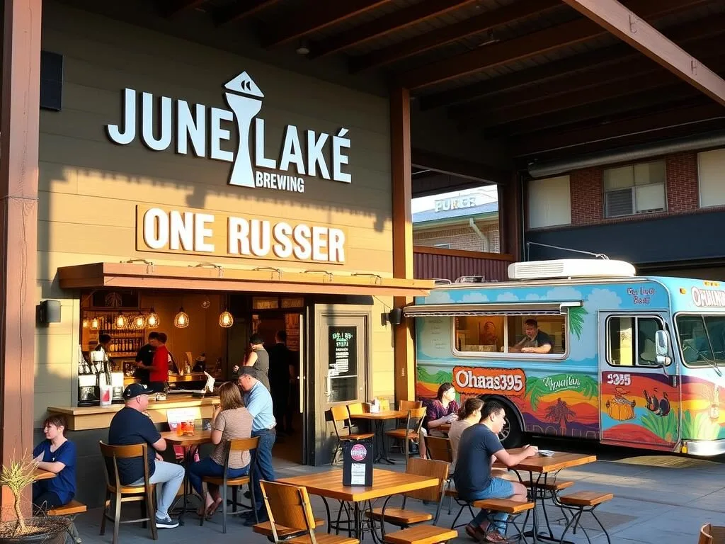 June Lake Brewing taproom with craft beers and outdoor seating area