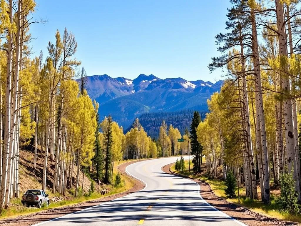 June Lake Loop scenic drive with aspen trees and mountain views