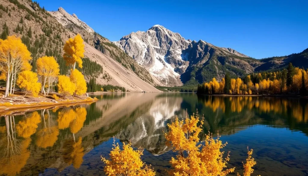 June Lake in autumn with colorful fall foliage reflecting in the water and mountains in background