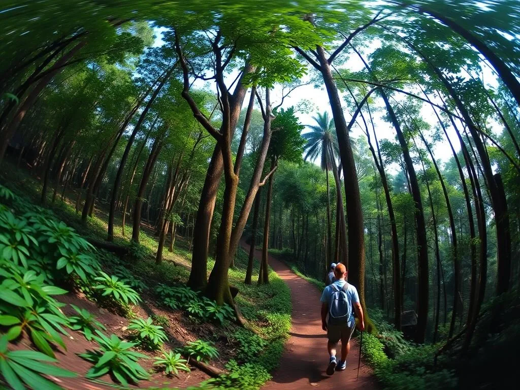 Jungle trekking adventure in the forests near Binjai, Indonesia, with lush greenery and trails