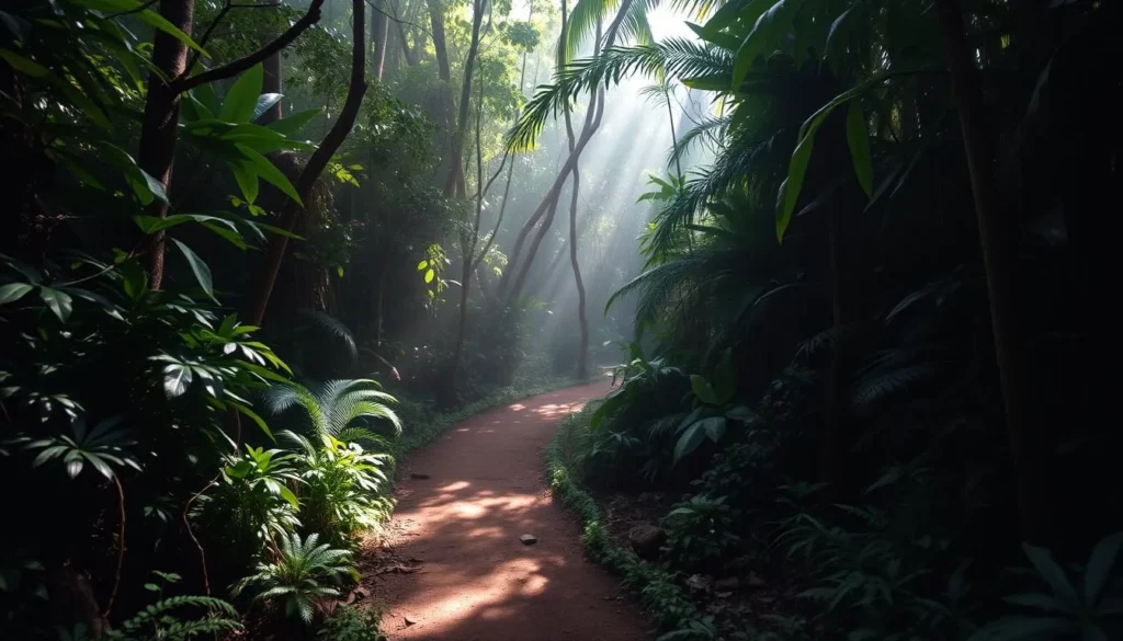 Jungle trekking path through dense rainforest in Ujung Kulon