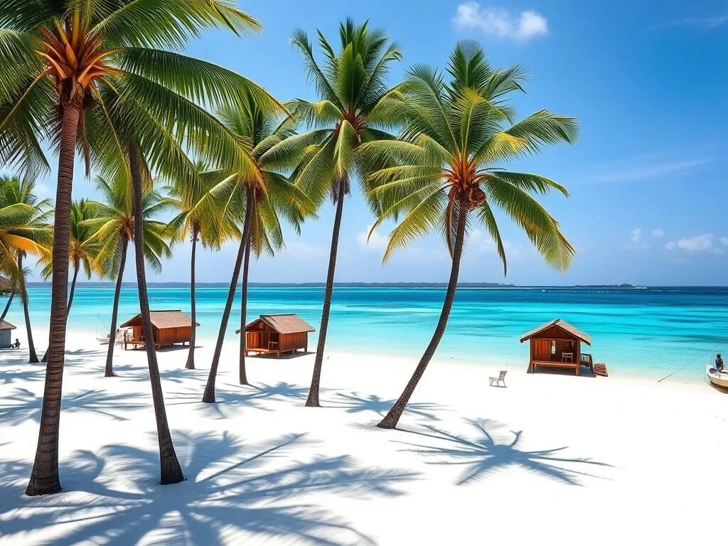 Kadidiri Island beach with wooden bungalows visible among palm trees and clear turquoise water Kadidiri Island beach with wooden bungalows visible among palm trees and clear turquoise water