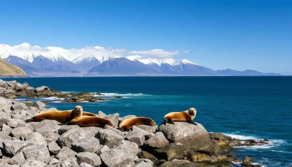 Kaikoura coastline in winter with snow-capped mountains in the background and fur seals on rocks in the foreground