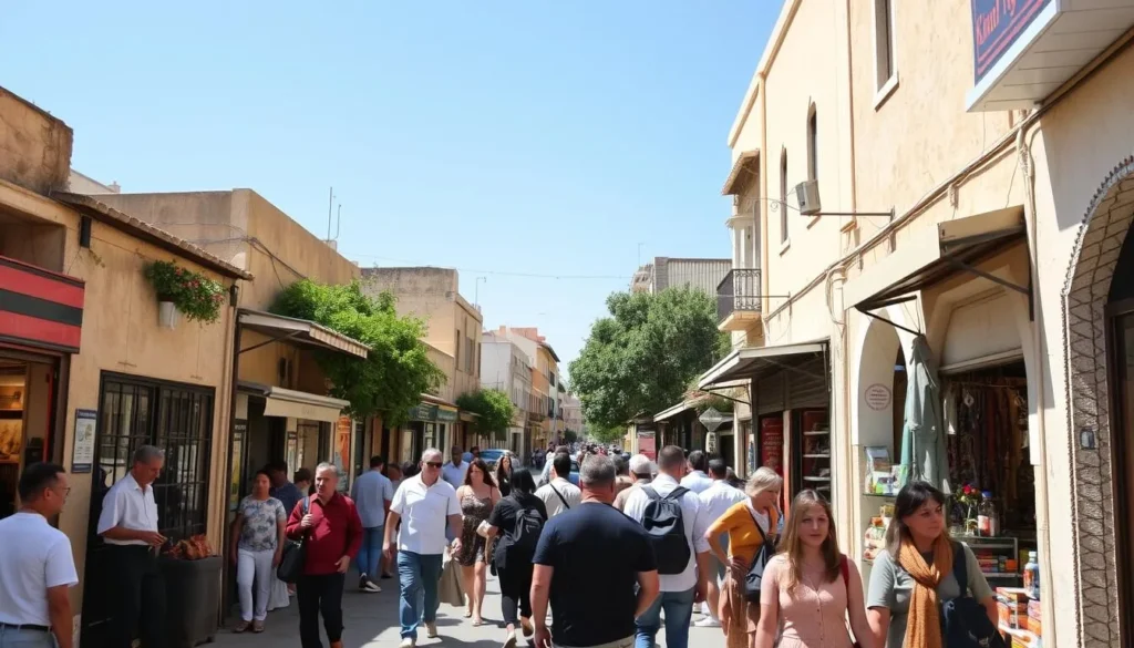 Kairouan street scene during spring with moderate crowds and pleasant weather