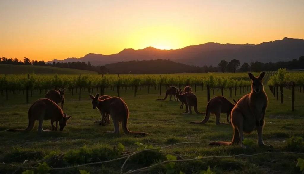 Kangaroos grazing among vineyards at sunset in Pokolbin Kangaroos grazing among vineyards at sunset in Pokolbin