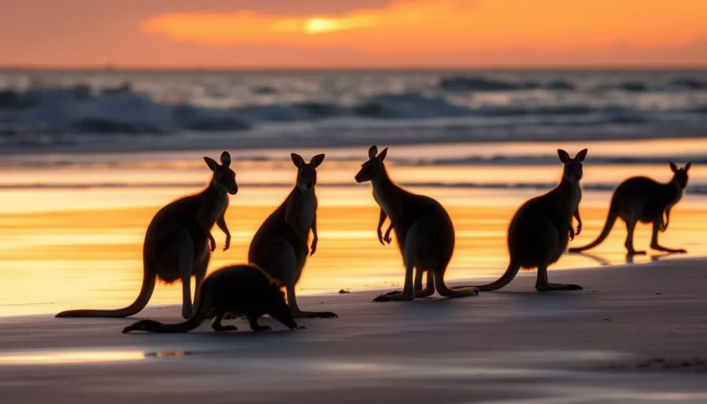 Kangaroos on the beach at sunrise at Cape Hillsborough National Park