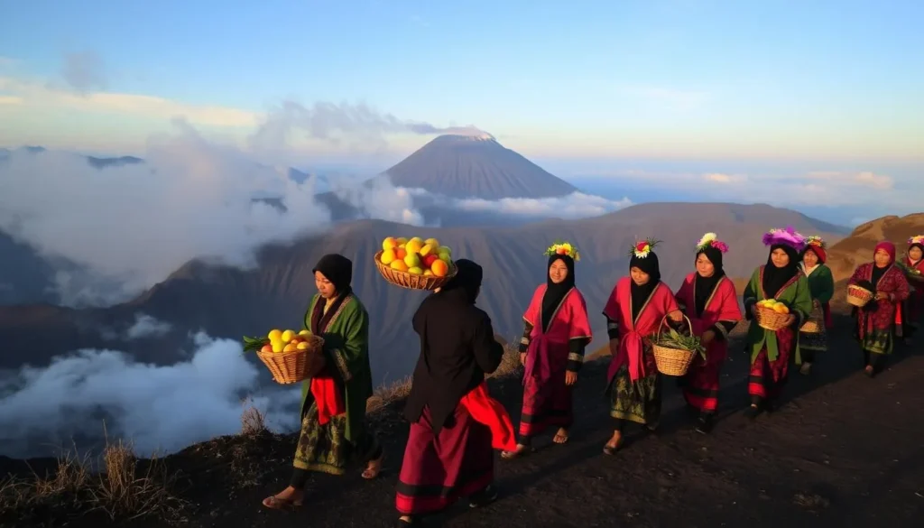 Kasodo Festival with Tenggerese people making offerings at Mount Bromo in Probolinggo, Indonesia