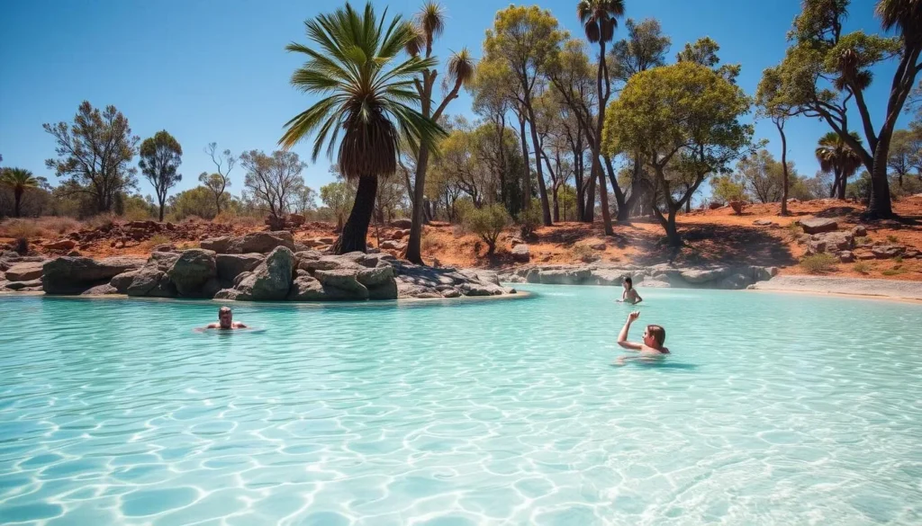 Katherine Hot Springs during dry season with crystal clear blue water surrounded by palm trees