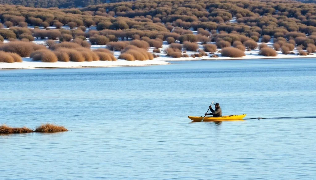 Kayaker paddling along the shoreline of Lake June in Winter with natural scrub landscape in background