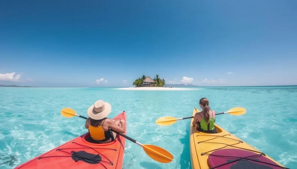 Kayakers approaching the white sand island of Gili Putih near West Bali National Park