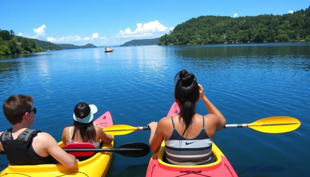 Kayakers enjoying Lake Jackson near the archaeological park