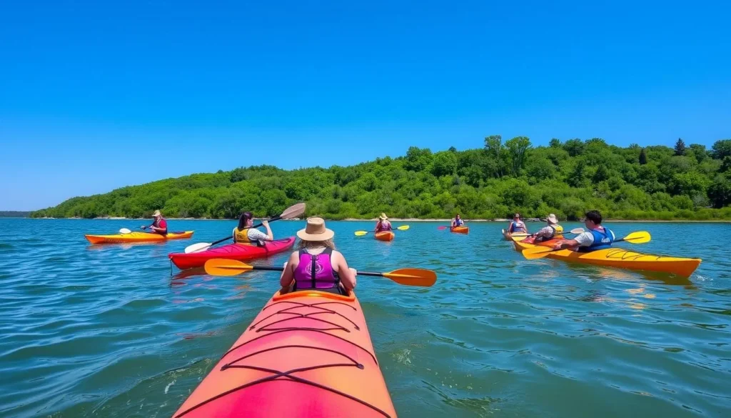 Kayakers enjoying a sunny day on Lake Ray Hubbard in Rowlett, Texas