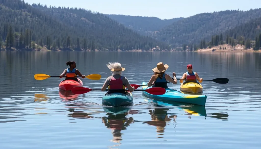 Kayakers enjoying the calm waters of Lake Clementine in Auburn State Recreation Area