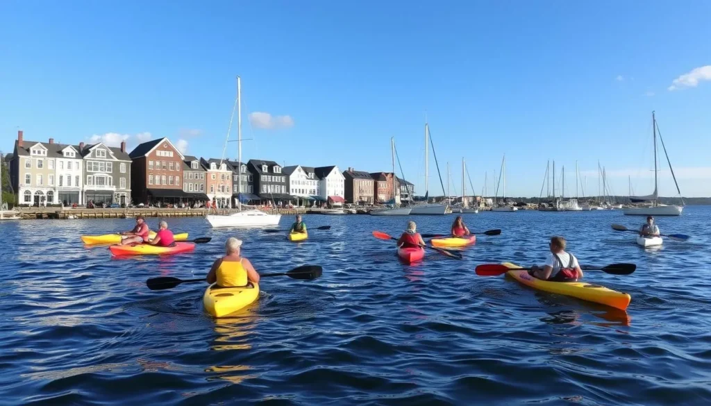 Kayakers exploring Bristol Harbor in Rhode Island with coastal views Kayakers exploring Bristol Harbor in Rhode Island with coastal views