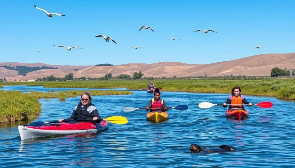 Kayakers exploring Elkhorn Slough near Castro Adobe with wildlife viewing